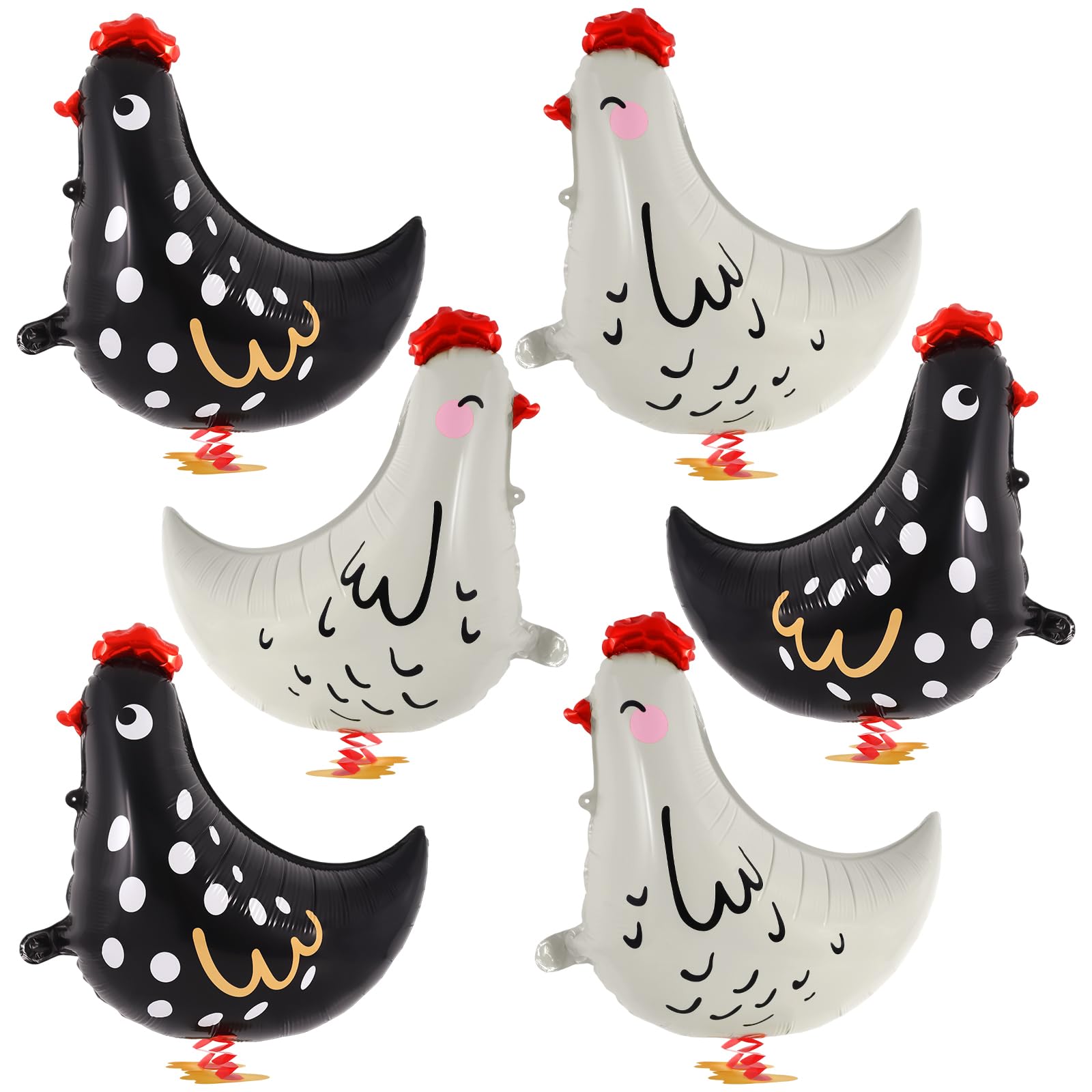 6 PCS Walking Chicken Balloons, Aluminum Foil Chicken Party Decorations White and Black Chicken Walking Balloons for Birthday Baby Shower Farm Animal Theme Party