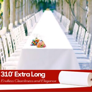 Plastic Table Cloth Roll, 310 Ft x 54 in Disposable Tablecloth with 100 Candy Bags, Rectangle Table Cloth with Cutter Box. White Table Cover for Picnics, Parties, Birthdays, Weddings, Christmas Day