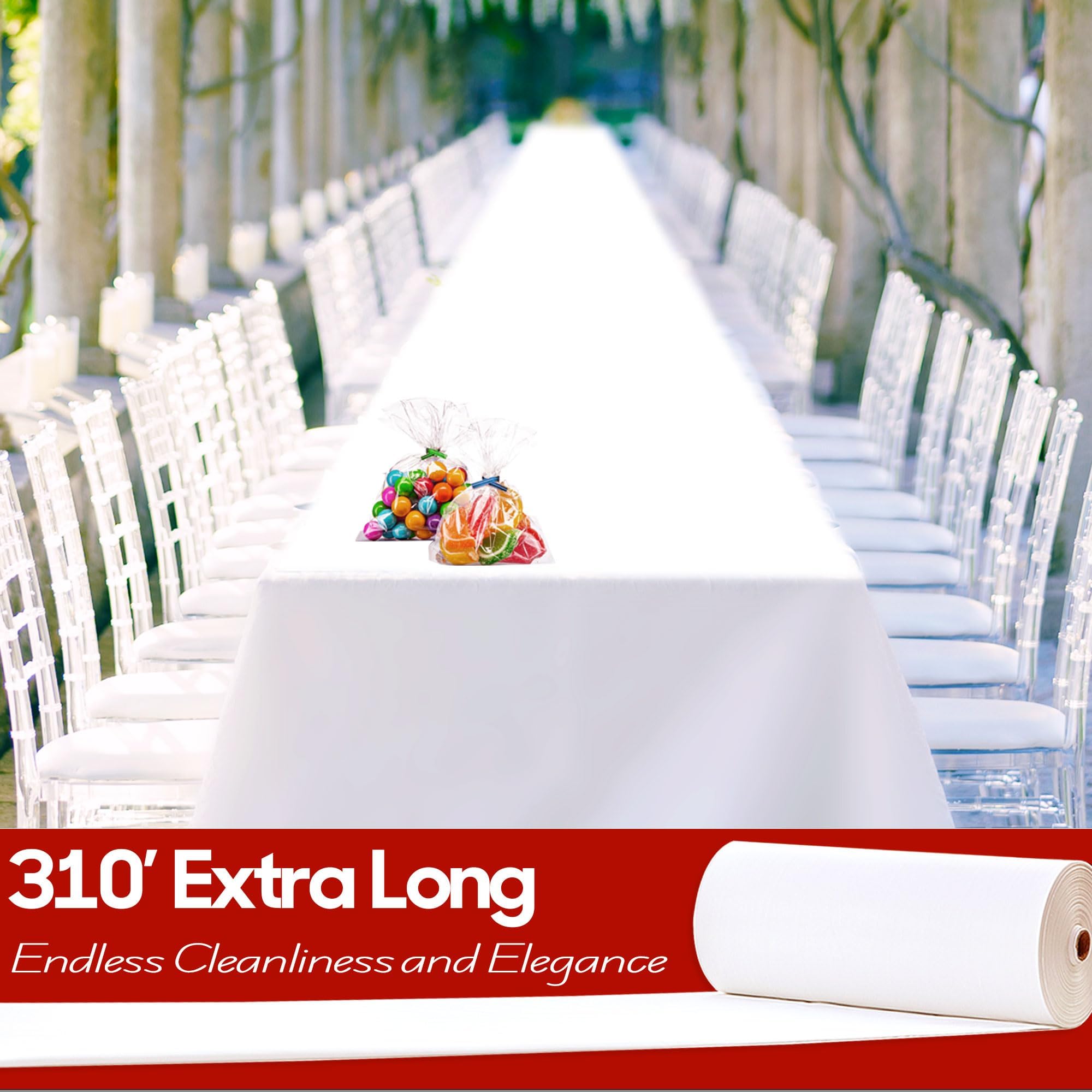 Plastic Table Cloth Roll, 310 Ft x 54 in Disposable Tablecloth with 100 Candy Bags, Rectangle Table Cloth with Cutter Box. White Table Cover for Picnics, Parties, Birthdays, Weddings, Christmas Day