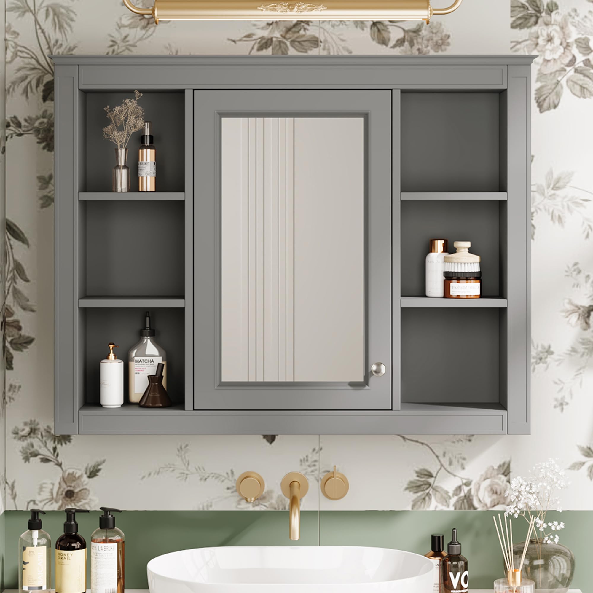 Merax Bathroom Medicine Cabinet with Mirror, 35" x 27.5" Wall Mounted Medicine Cabinet with Single Door and Shelves, Over The Toilet Mirrored Bathroom Storage Wall Cabinet