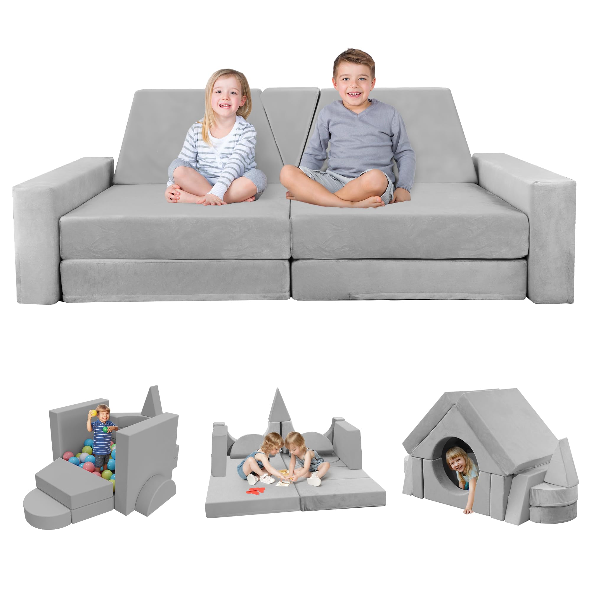 YEFU 15pcs Modular Kids Play Couch for Toddler-Cushion for Nugget Couch Kids, Convertible Kids Play Couch-Kids Sofa for Playroom and Bedroom Furniture for Toddlers, Play Couch for Boys and Girls, Grey