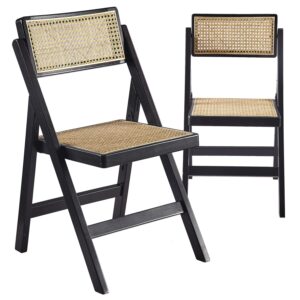 isl furnishings ibiza rattan folding chair, deep black set of 2 – modern foldable rattan chairs for outdoor dining, patio, accent chair for living room and office, space-saver design