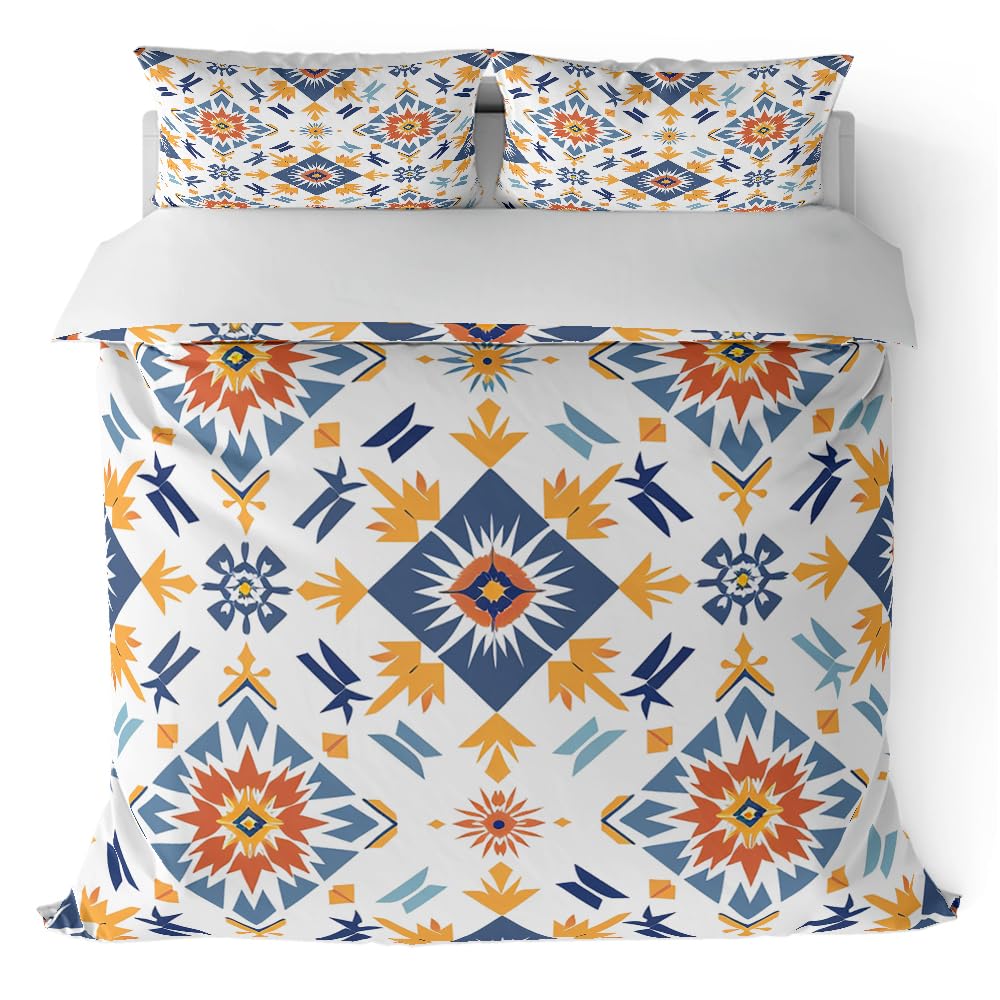 Placitiume Geometric Tribal Duvet Cover Set King Size, Aztec Pattern Bedding, Burnt Orange and White, 3Piece