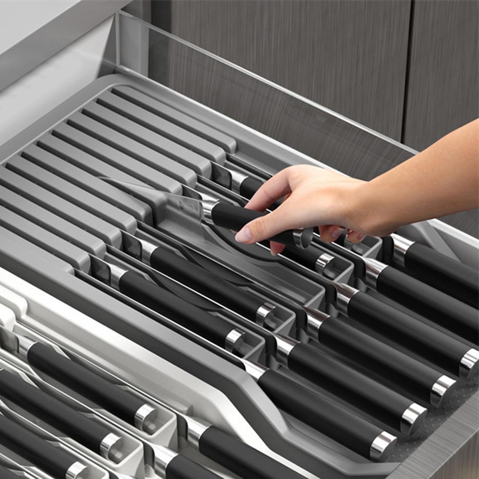 Knives Holder - Cutlery Tray Organizer, Knife Block for Drawer | Knife Holder for Drawer with Expandable Features, Compact Knives Holder for Drawer Storage, Expandable Cutlery Tray for Kitchen, Gray