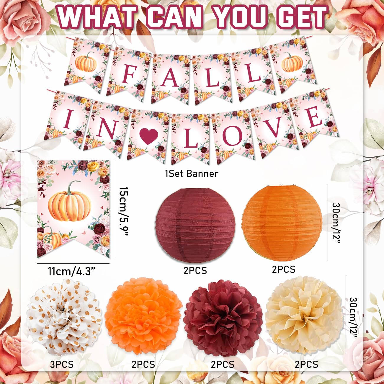 Fall in Love Bridal Shower Decorations, Fall in Love Wedding Supplies Fall Bachelorette Party Decorations with Orange Maroon Paper Pompoms and Lanterns for Fall Engagement Decorations