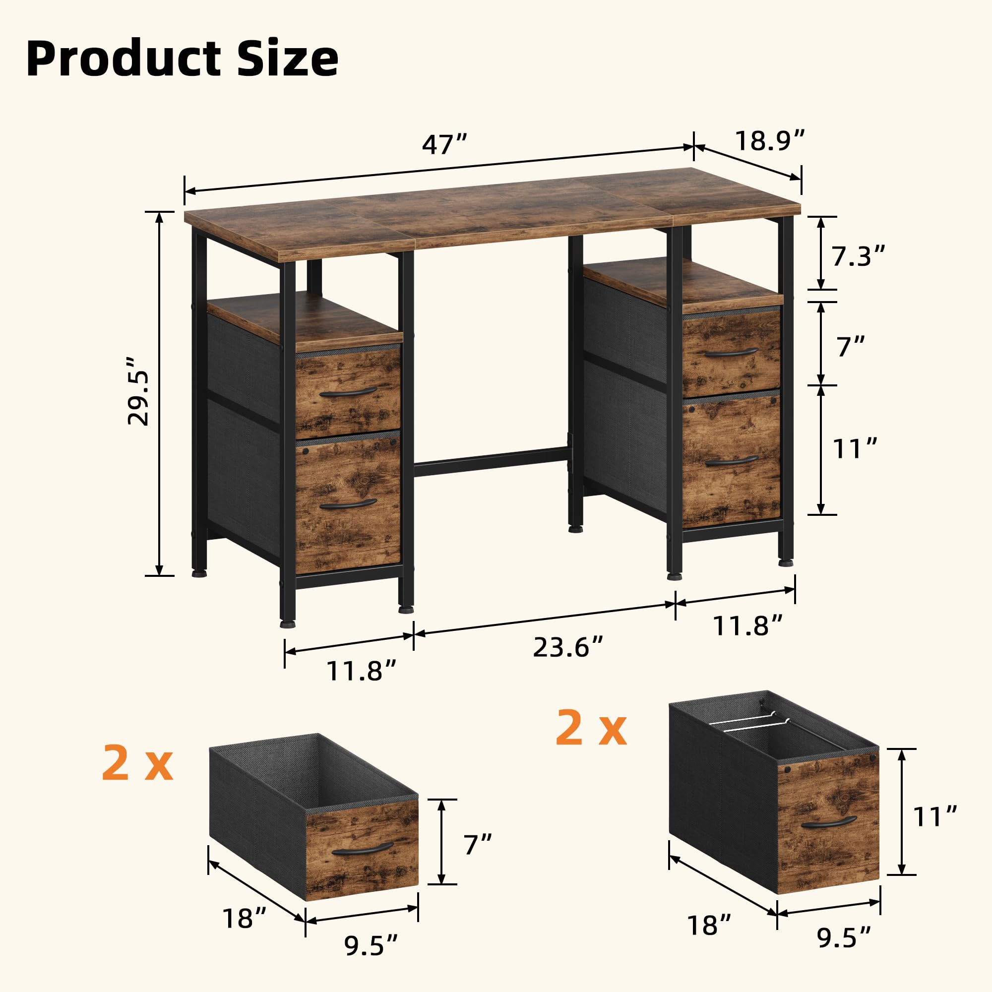 YAOHUOO 47 Inches Computer Desk with 4 Fabric Drawers, Small Office Desk with File Drawers, Writing Desk for Home Office, Work Table for Bedroom, Rustic Brown