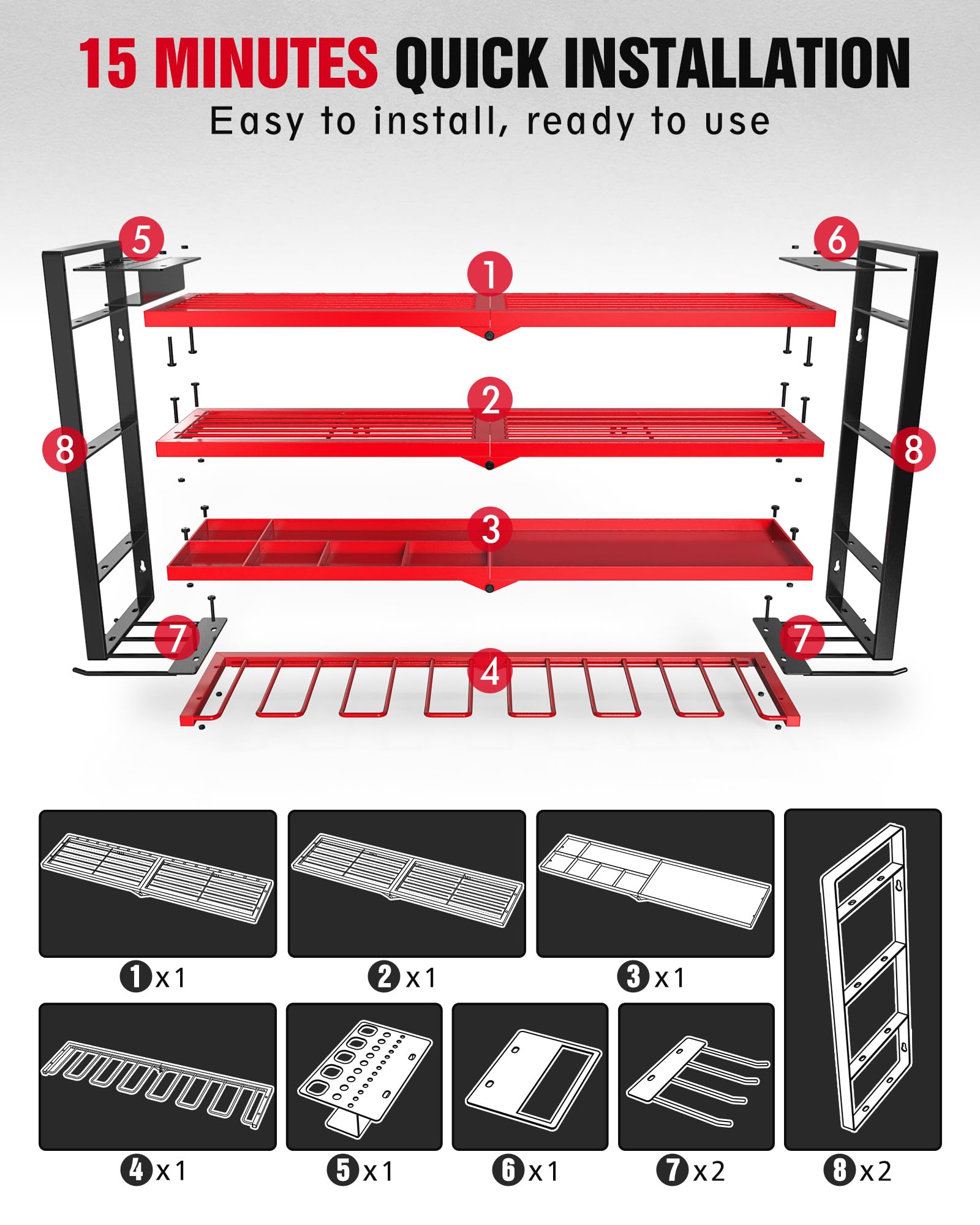 EACONPT Power Tool Organizer, 4 Layer Metal Tool Organizers and Storage, 11 Drill Holder Wall Mount, Power Tool Organizer Wall Mount, Heavy Duty Tool Organizer for Garage Storage, Gifts for Men, Red