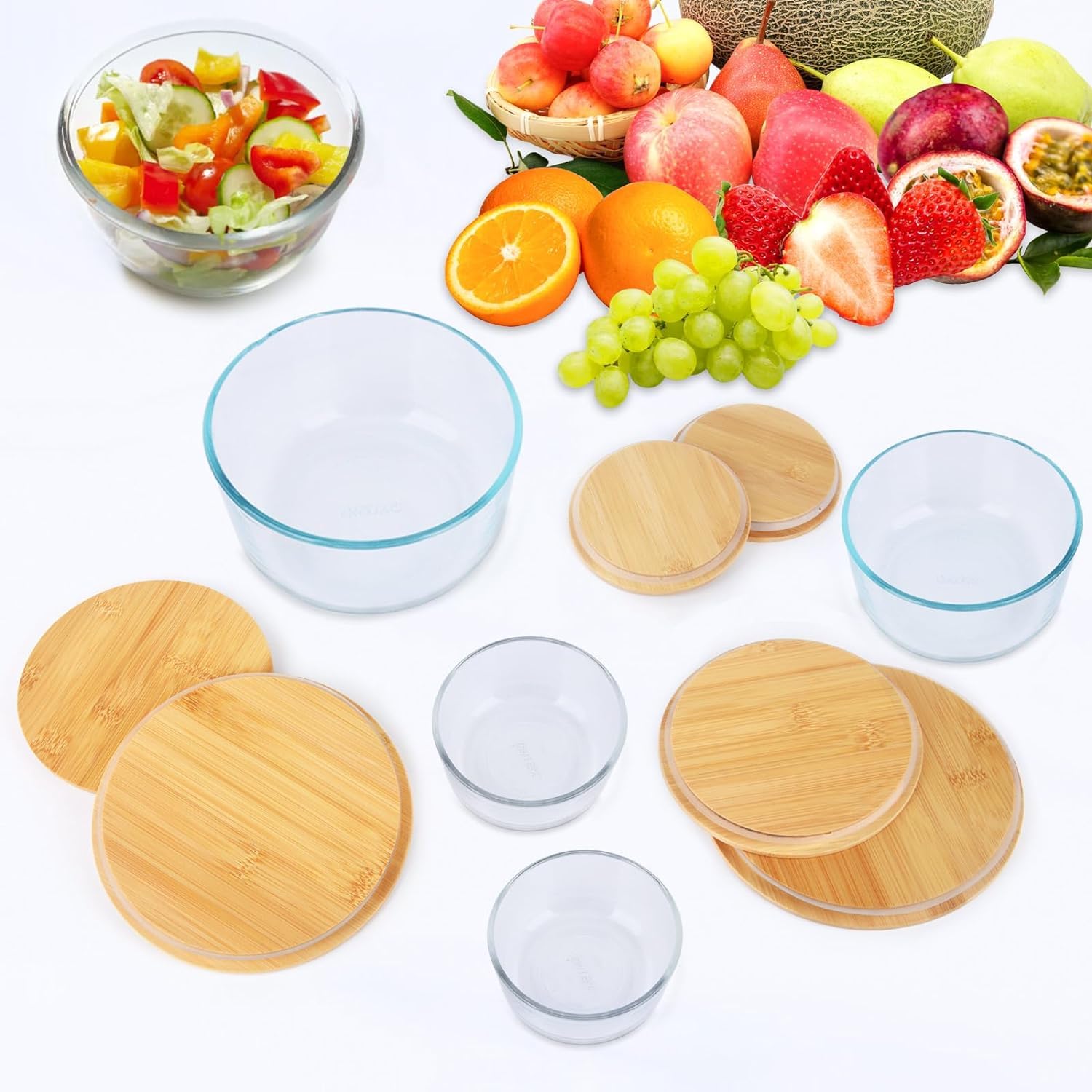 Wooden Replacement Lid Compatible with Pyrex Glass Bowls Round 2Cup，4 Cup，7Cup Round Storage Reusable Covers Compatible with Pyrex Container Durable Food Storage Lids（6 pack）