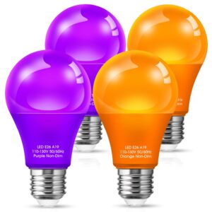 jandcase halloween orange purple led light bulbs outdoor, [4 pack] orange purple halloween light bulb 9w(60w equivalent), e26 base a19 led color light bulb, halloween decoration, non-dim