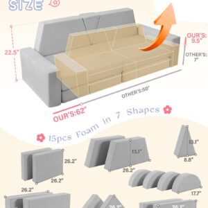 YEFU 15pcs Modular Kids Play Couch for Toddler-Cushion for Nugget Couch Kids, Convertible Kids Play Couch-Kids Sofa for Playroom and Bedroom Furniture for Toddlers, Play Couch for Boys and Girls, Grey