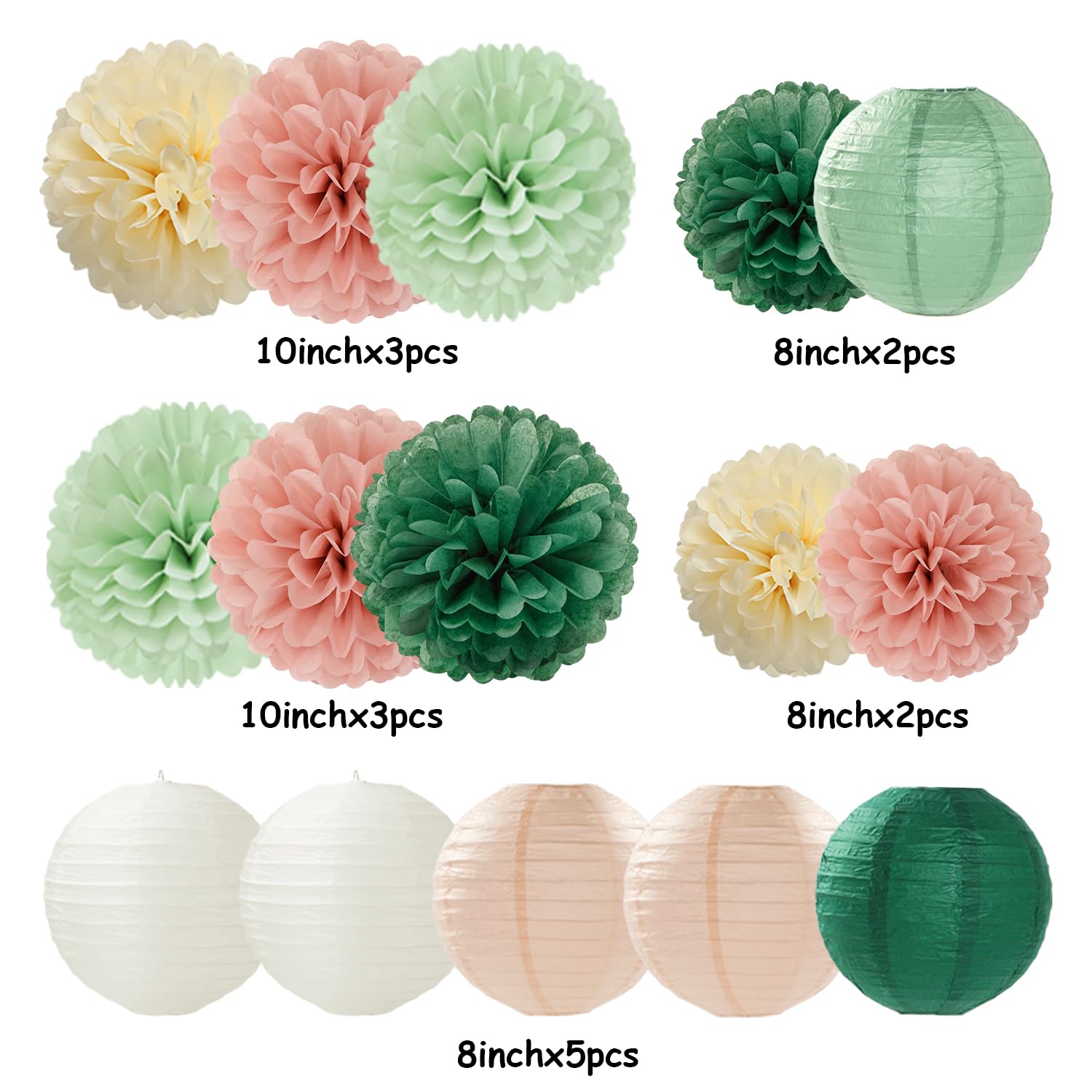 Sage-Green Pink Party-Decorations Paper-Flowers Lanterns - 15PCS Birthday Boho Rustic Tissue Pom Poms Streamers,Baby Shower Neutral Wedding Graduation Bridal Safari Hanging Supplies Decor Hugfond