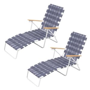 four seasons courtyard high back outdoor folding chaise lounge chair backyard furniture set with woven webbing, steel frame and armrests, 2 pack, blue