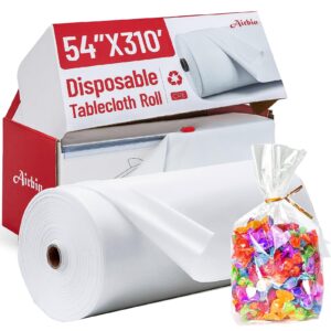 plastic table cloth roll, 310 ft x 54 in disposable tablecloth with 100 candy bags, rectangle table cloth with cutter box. white table cover for picnics, parties, birthdays, weddings, christmas day