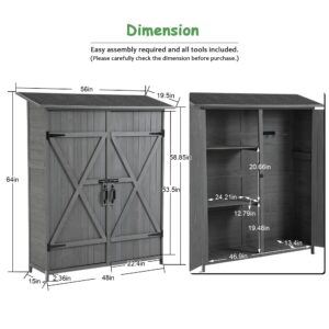 ItWorths Outdoor Storage Cabinet with Doors and Shelves, Lockable Garden Wood Tool Storage Shed with Waterproof Pitch Roof, Hooks, Outside Shed Closet for Patio Backyard, 56"L x 19.5"W x 64"H, Grey