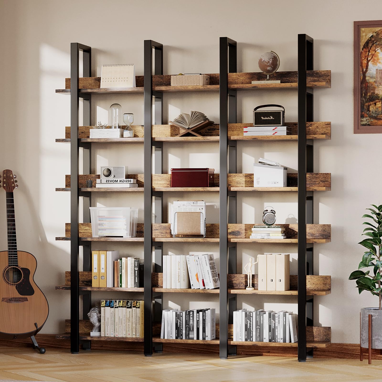 oneinmil 71" Tall Triple Wide 6 Tier Bookshelf, Industrial Style Bookcases, Open Display Shelves, Modern Tall Bookcase Furniture for Bedroom, Living Room and Home Office, Brown