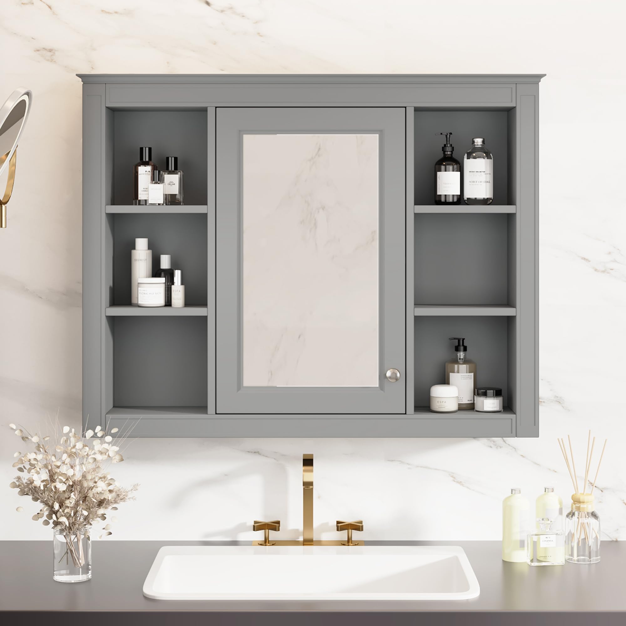 Merax Bathroom Medicine Cabinet with Mirror, 35" x 27.5" Wall Mounted Medicine Cabinet with Single Door and Shelves, Over The Toilet Mirrored Bathroom Storage Wall Cabinet