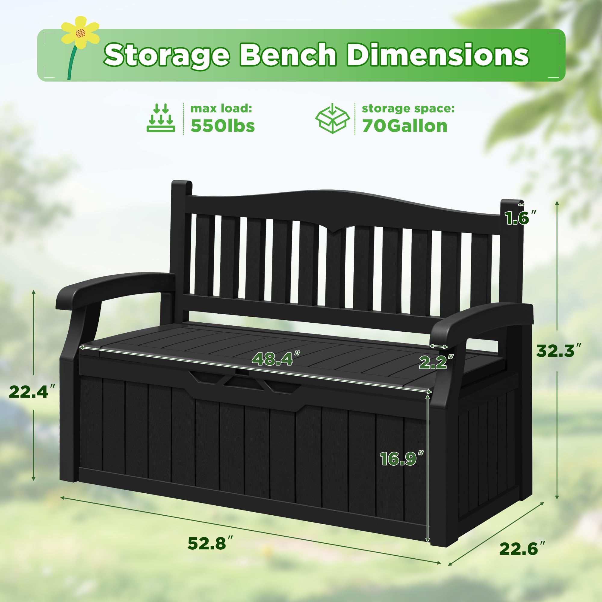 Greesum 70 Gallon Storage Bench Outdoor Deck Box with Armrest, Patio Furniture,Lockable, Waterproof and UV Resistant, Suitable for Garden, Pool, Black