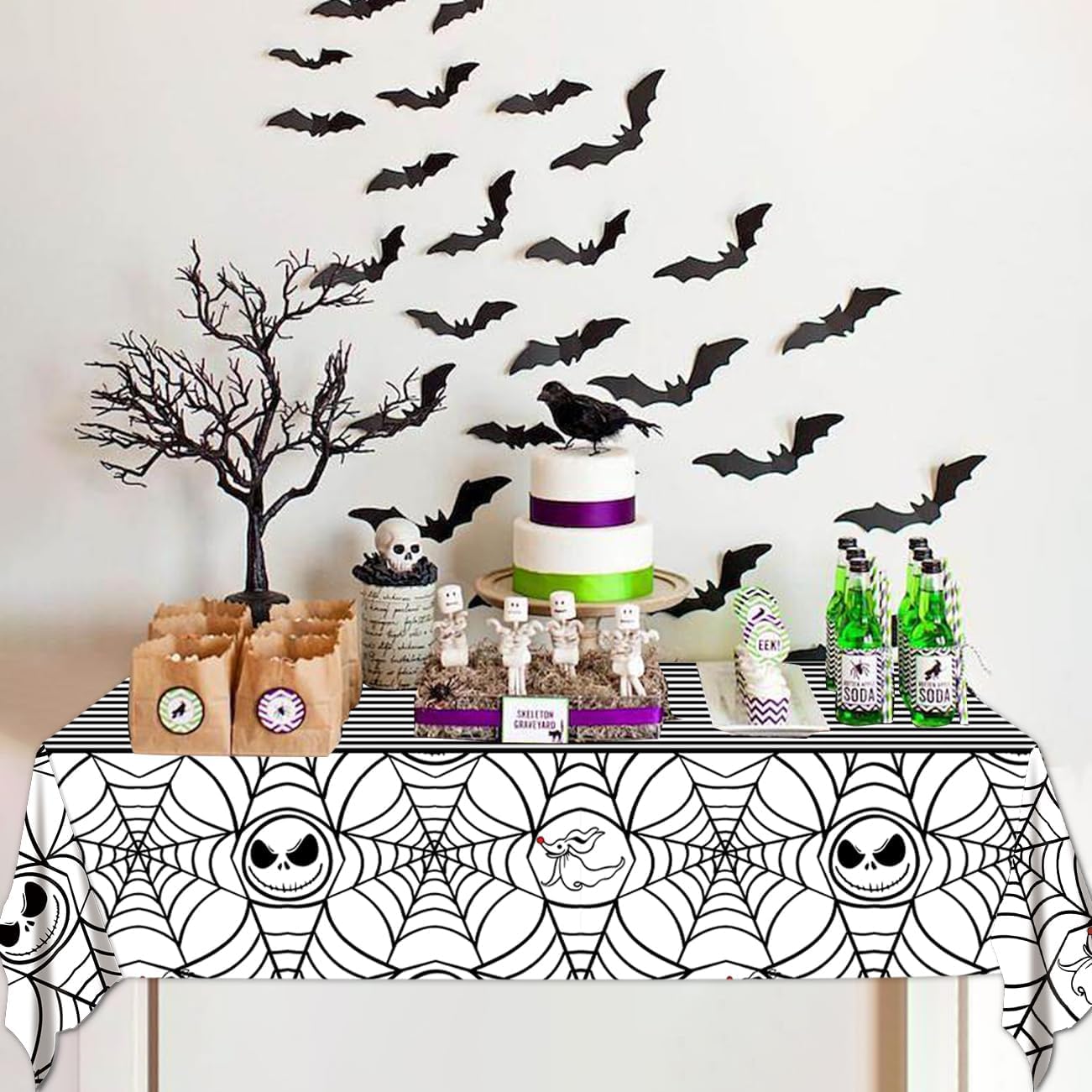 suonengongyi Nitemare Christmas Tablecloth, 3PCS Halloween Cobweb Disposable Tablecovers Halloween Spider Web Tablecloth with Nitemare Christmas for Halloween Birthday Party Decoration