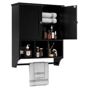 SUNLEI Bathroom Cabinet Wall Medicine Mount for Storage Over Toilet Mounted Kitchen Small Hanging Laundry Room 3 Open Shelves Above with Doors Sink Shelf Towel Bar Black