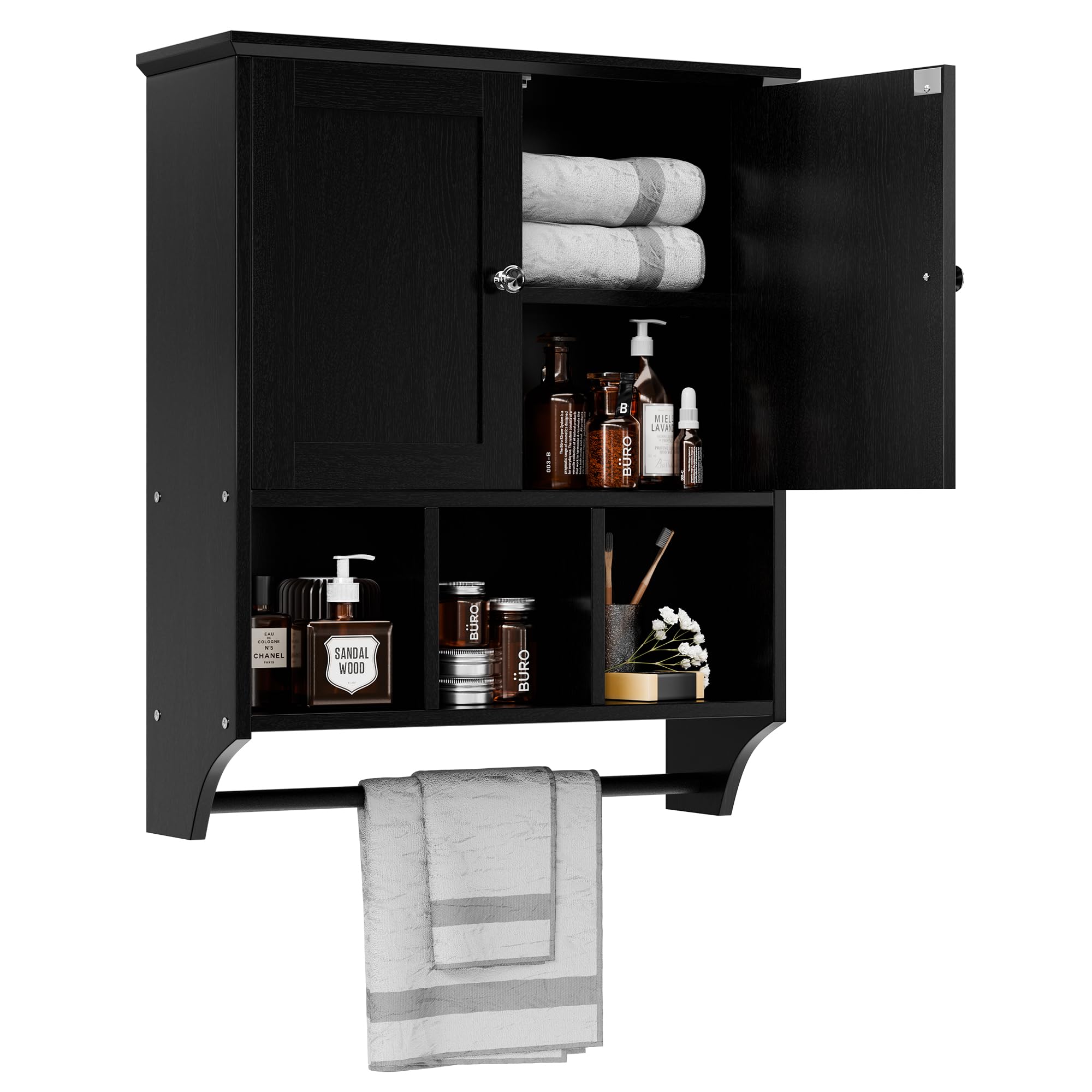 SUNLEI Bathroom Cabinet Wall Medicine Mount for Storage Over Toilet Mounted Kitchen Small Hanging Laundry Room 3 Open Shelves Above with Doors Sink Shelf Towel Bar Black