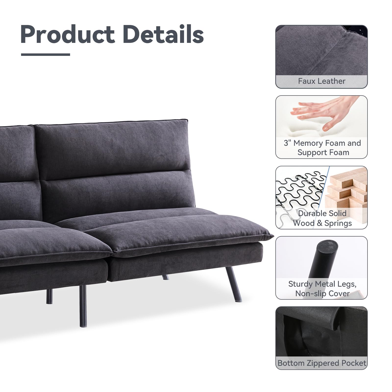 Hcore Sofa Couch Bed,Memory Foam futon Sofabed, Carbon Black