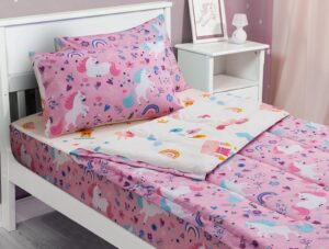 meeting story 3pcs kids comforter sets zipper bedding set for girls,twin kid bedding set rainbow comforter unicorn bedding set for kid,all in one zipper bedding(pink，twin