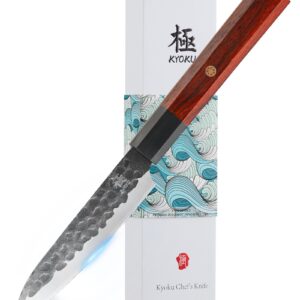 KYOKU 4.5" Utility Knife, Japanese Kage Series Tomato Knife with Rosewood Handle, Sharp 3 Layer High Carbon Steel Kitchen Knife with Gift Box for Meat Vegetable Fruit Cutting Slicing Chopping