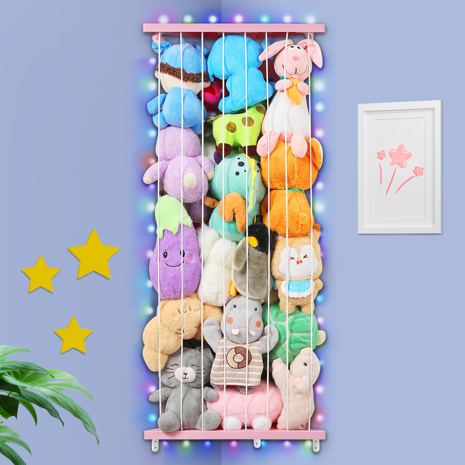 Stuffed Animal Storage Corner Plush Toys Holder with Star Pattern,Stuffed Animals Holder with LED Light,Large Corner Kids Plushies Toys Wall Hangingwith Adjustable Length for Nursery Playroom Bedroom