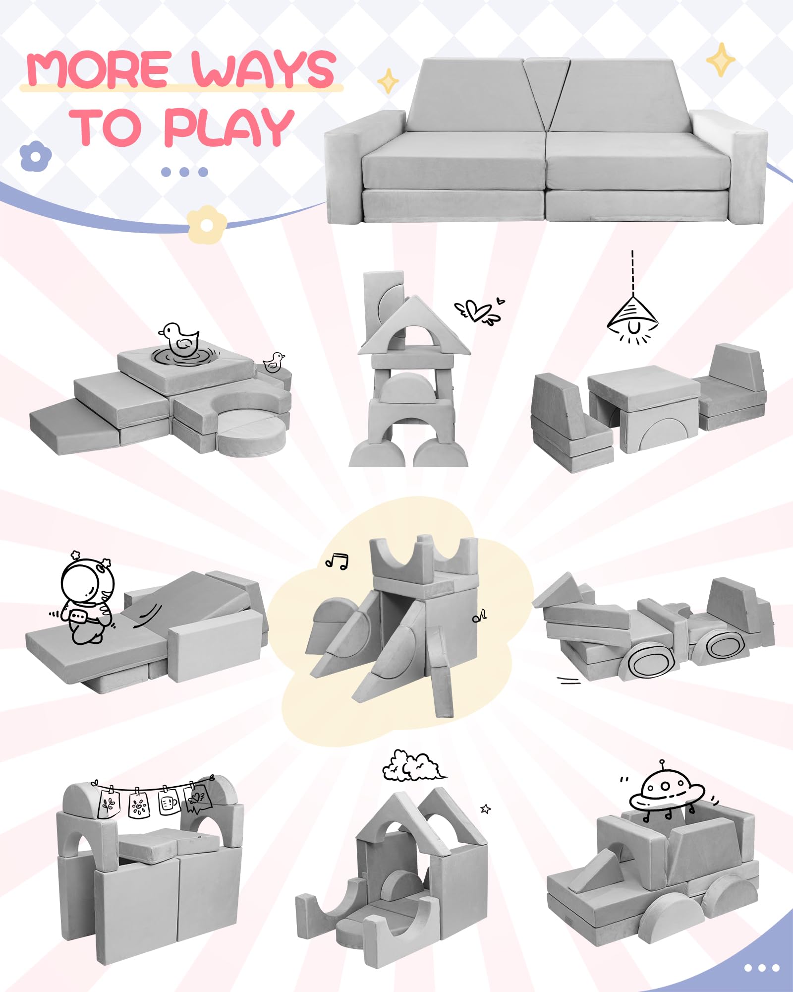 YEFU 15pcs Modular Kids Play Couch for Toddler-Cushion for Nugget Couch Kids, Convertible Kids Play Couch-Kids Sofa for Playroom and Bedroom Furniture for Toddlers, Play Couch for Boys and Girls, Grey