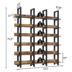 oneinmil 71" Tall Triple Wide 6 Tier Bookshelf, Industrial Style Bookcases, Open Display Shelves, Modern Tall Bookcase Furniture for Bedroom, Living Room and Home Office, Brown