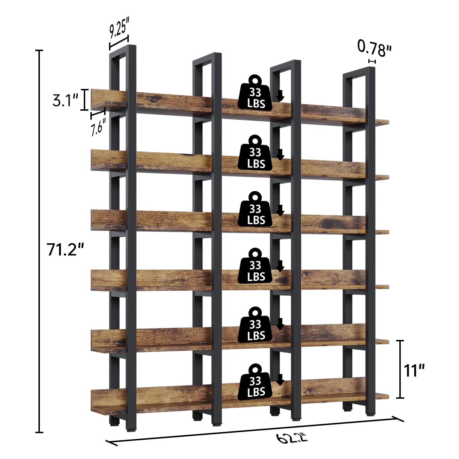 oneinmil 71" Tall Triple Wide 6 Tier Bookshelf, Industrial Style Bookcases, Open Display Shelves, Modern Tall Bookcase Furniture for Bedroom, Living Room and Home Office, Brown