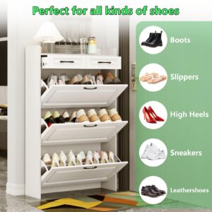 BFFGFFII Shoe Cabinet, Entryway Cabinet Wooden Shoe Rack with 3 Flip Drawers and 2 Drawers, 3-Tier Adjustable Shelves Shoe Cabinet Organizer Freestanding for Entryway Hallway, Living Room(White)