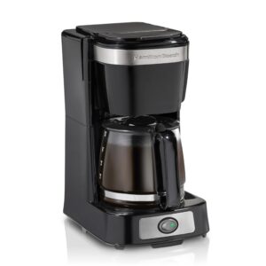 hamilton beach 5 cup drip coffee maker with easy frontfill basket, compact design, works with smart plugs, glass carafe, auto pause and pour, black & stainless steel (46112)