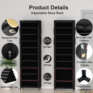 NUWFD 10-Tier Tall Shoe Rack Organizer with Dustproof Cover - Holds 20-22 Pairs, Vertical Stackable Shoe Shelf for Small Spaces, for Closet, Entryway, or Bedroom, Black