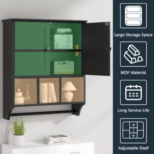 SUNLEI Bathroom Cabinet Wall Medicine Mount for Storage Over Toilet Mounted Kitchen Small Hanging Laundry Room 3 Open Shelves Above with Doors Sink Shelf Towel Bar Black