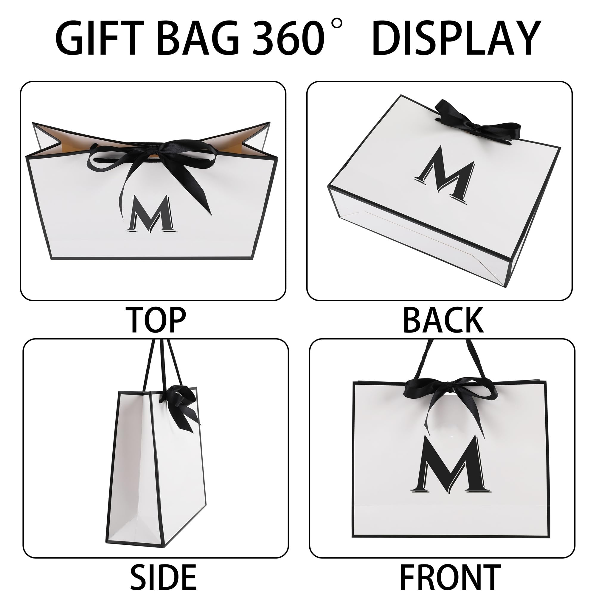 STOBOCTER Initial Gift Bags with Handles and Bow Ribbon 12.6"x10" Personalized Letter Gift Bags Birthday Gift Bag for Women Men Reusable Gift Wrap Bag for Mothers Day Wedding Graduation (M-Medium)