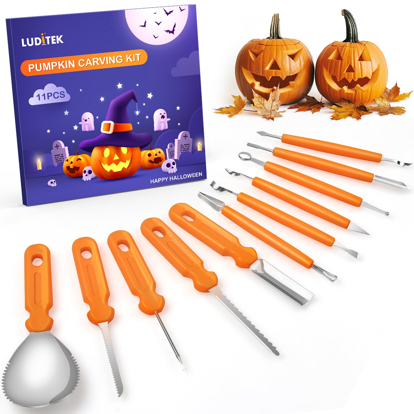 Luditek Pumpkin Carving Kit, 11 Pieces Halloween Jack-O-Lanterns Professional Stainless Steel Pumpkin Carving Tools, Pumpkin Cutting Supplies Tool Kit Halloween Gifts for Adults Kids