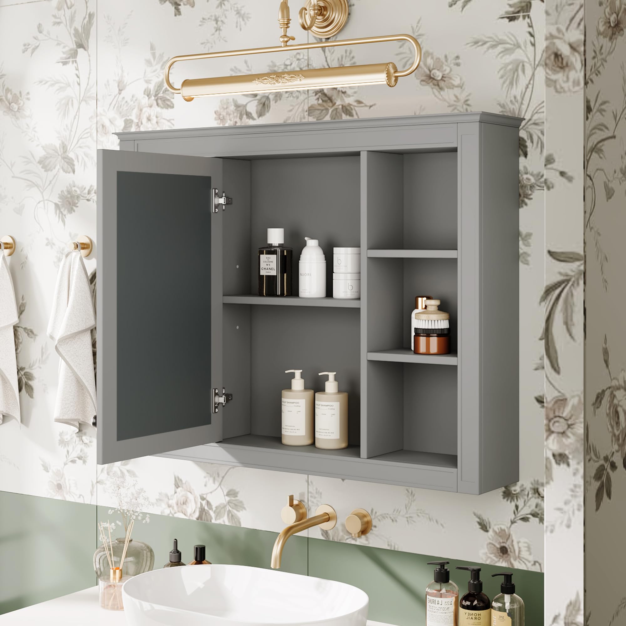 Merax Bathroom Medicine Cabinet with Mirror, 35" x 27.5" Wall Mounted Medicine Cabinet with Single Door and Shelves, Over The Toilet Mirrored Bathroom Storage Wall Cabinet