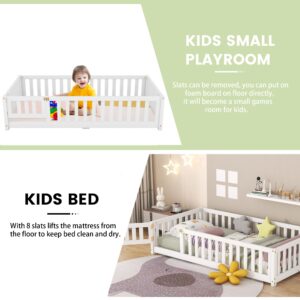 ACQCA Twin Size Floor Bed with Fence and Lockable Door, Wood Montessori Bed Frame with Slat Support for Kids,Boys,Girls,Easy Assembly, White