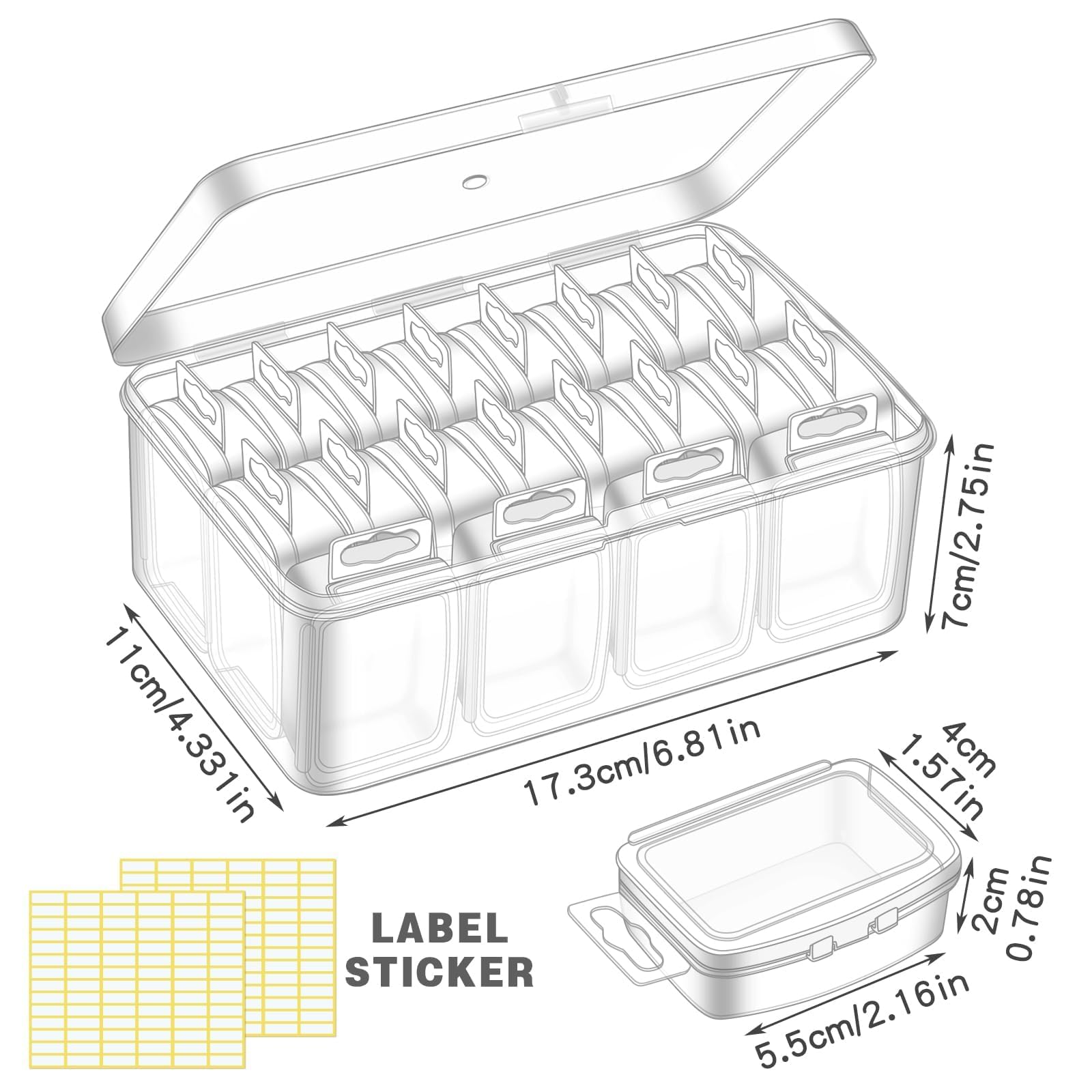 FOUSNOW 21 Pcs Small Bead Organizers With Lids, Mini Clear Plastic Containers and Storage Box for Collecting Jewelry, Bead, Sticker, with Hinged Lid Transparent Craft Supply Case