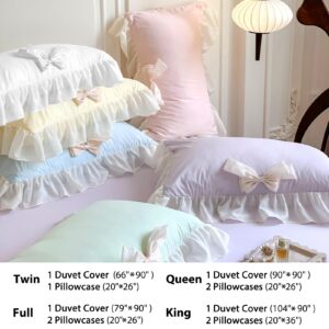 Rvciby White Bow Duvet Cover Queen Size,3PCS Soft Microfiber Bedding Set,Romantic French Bedding with Chiffon Lace and Cute Bows,Corner Ties&Zipper Closure (90"x90"-1 Duvet Cover,2 Pillow Cases)