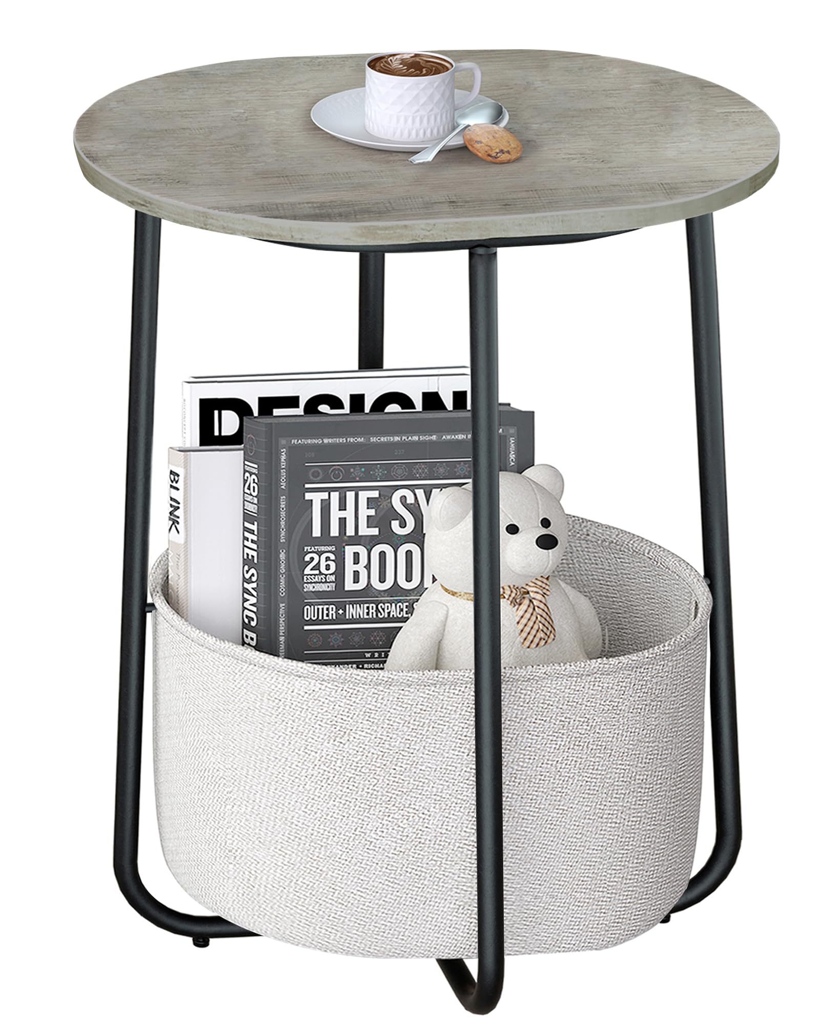 TUTOTAK Small Side Table, Oval End Table, Night Stand, Bedside Table, Sofa Table with Cloth Storage Basket, Living Room, Bed Room, Greige TB01BG063