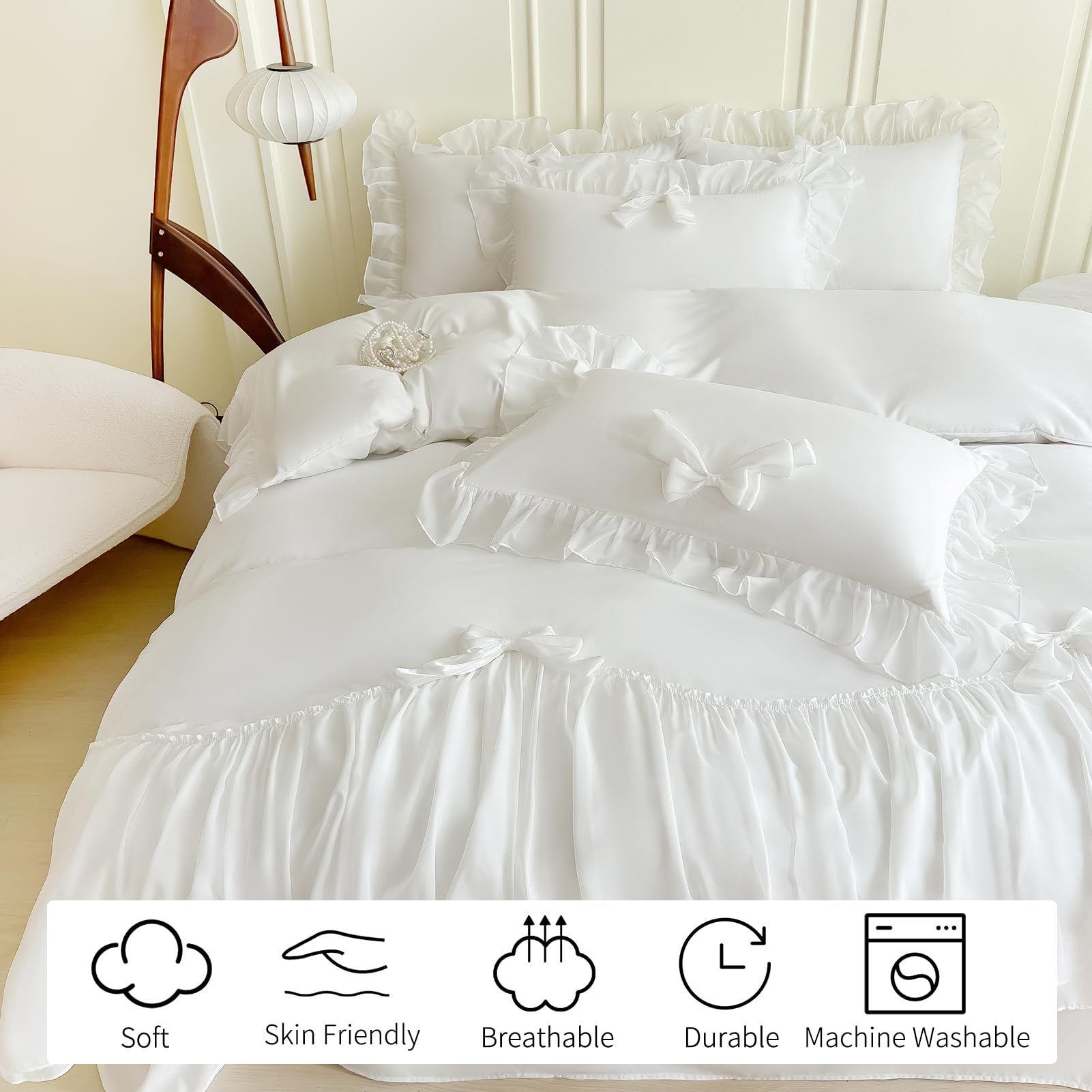 Rvciby White Bow Duvet Cover Queen Size,3PCS Soft Microfiber Bedding Set,Romantic French Bedding with Chiffon Lace and Cute Bows,Corner Ties&Zipper Closure (90"x90"-1 Duvet Cover,2 Pillow Cases)