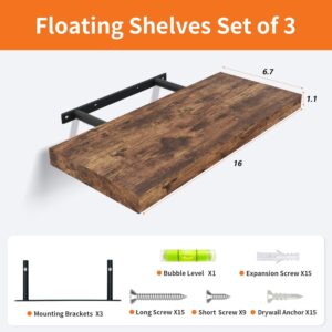 Upassion Floating Shelves for Wall Set of 3, 16" Rustic Brown Wall Shelves for Home Decor, Frame Display Wall Mounted Floating Shelf for Living Room, Bedroom, Bathroom, Kitchen