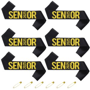 6pcs black senior 2025 sash with gold printing letters, 2025 graduation celebrations sashes, class of 2025 sash for graduation party, senior cheer sashes, cheerleader sash, class competition sashes