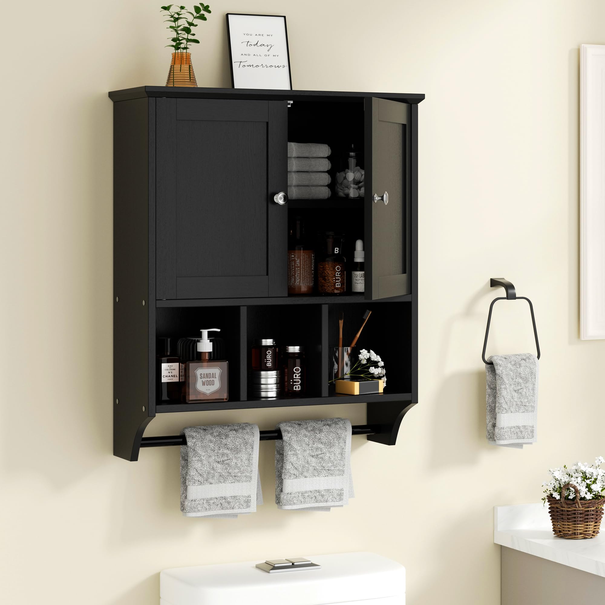 SUNLEI Bathroom Cabinet Wall Medicine Mount for Storage Over Toilet Mounted Kitchen Small Hanging Laundry Room 3 Open Shelves Above with Doors Sink Shelf Towel Bar Black