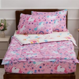 Meeting Story 3pcs Kids Comforter Sets Zipper Bedding Set for Girls,Twin Kid Bedding Set Rainbow Comforter Unicorn Bedding Set for Kid,All in one Zipper Bedding(Pink，Twin