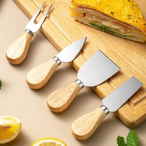 4-Piece Cheese Knife Set, Cheese Knives Cheese Knife Set Wooden Handle Stainless Steel Cheese Slicer Fork Spreader for Cheese Butter Pizza Cake Cutlery Cheese Knife Gift