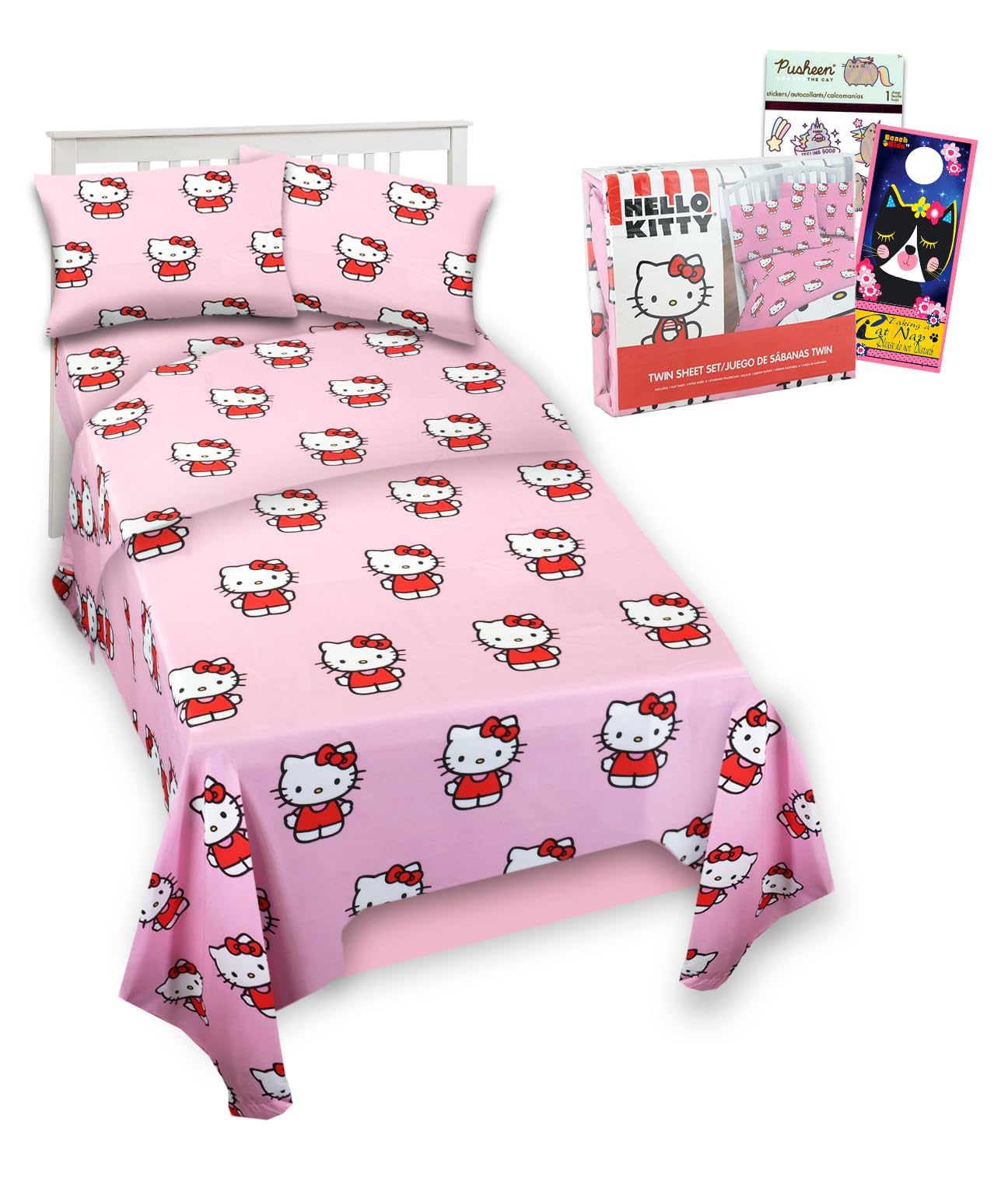 Hello Kitty Sheet Set - Bundle of Hello Kitty Bedding Including: Flat Sheet, Fitted Sheet, and Pillowcase for Twin Bed Plus Stickers, More for Kids