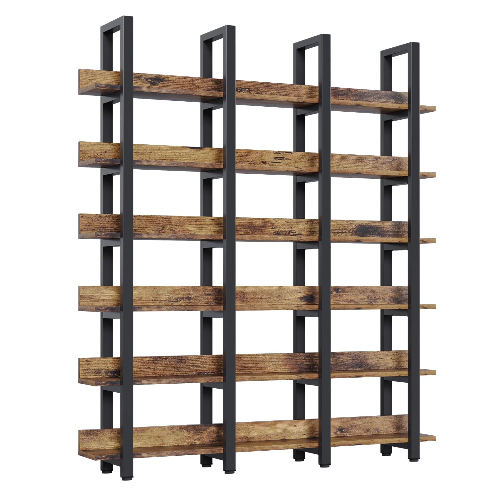 oneinmil 71" Tall Triple Wide 6 Tier Bookshelf, Industrial Style Bookcases, Open Display Shelves, Modern Tall Bookcase Furniture for Bedroom, Living Room and Home Office, Brown